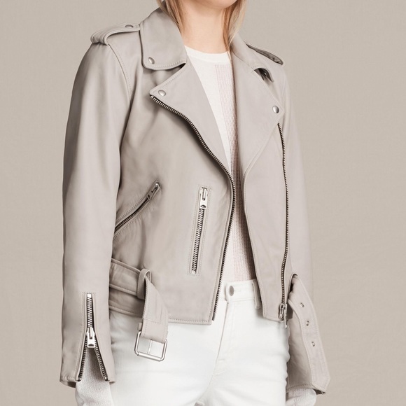 All Saints Light Taupe Leather Moto Jacket - Picture 2 of 8